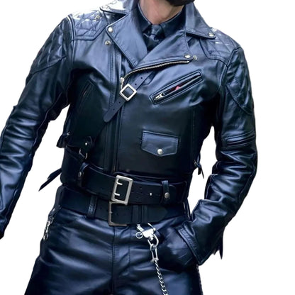 Men’s Brando Leather Biker Jacket with Quilted Panels & Side Laces