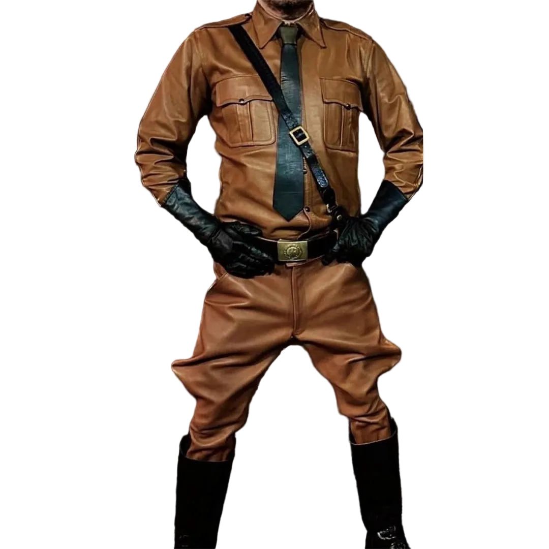 Men’s Leather Jodhpur Breeches & Police Shirt with Side Stripes