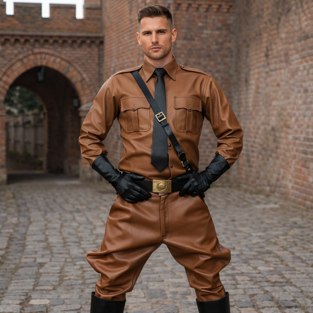 Men’s Leather Jodhpur Breeches & Police Shirt with Side Stripes