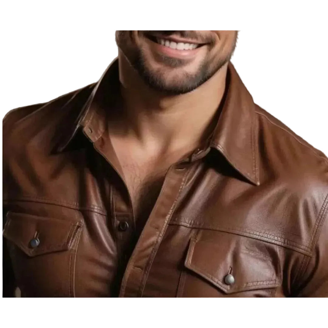 Men’s Brown Western Leather Shirt – Full Sleeve Lambskin with Chest Pockets