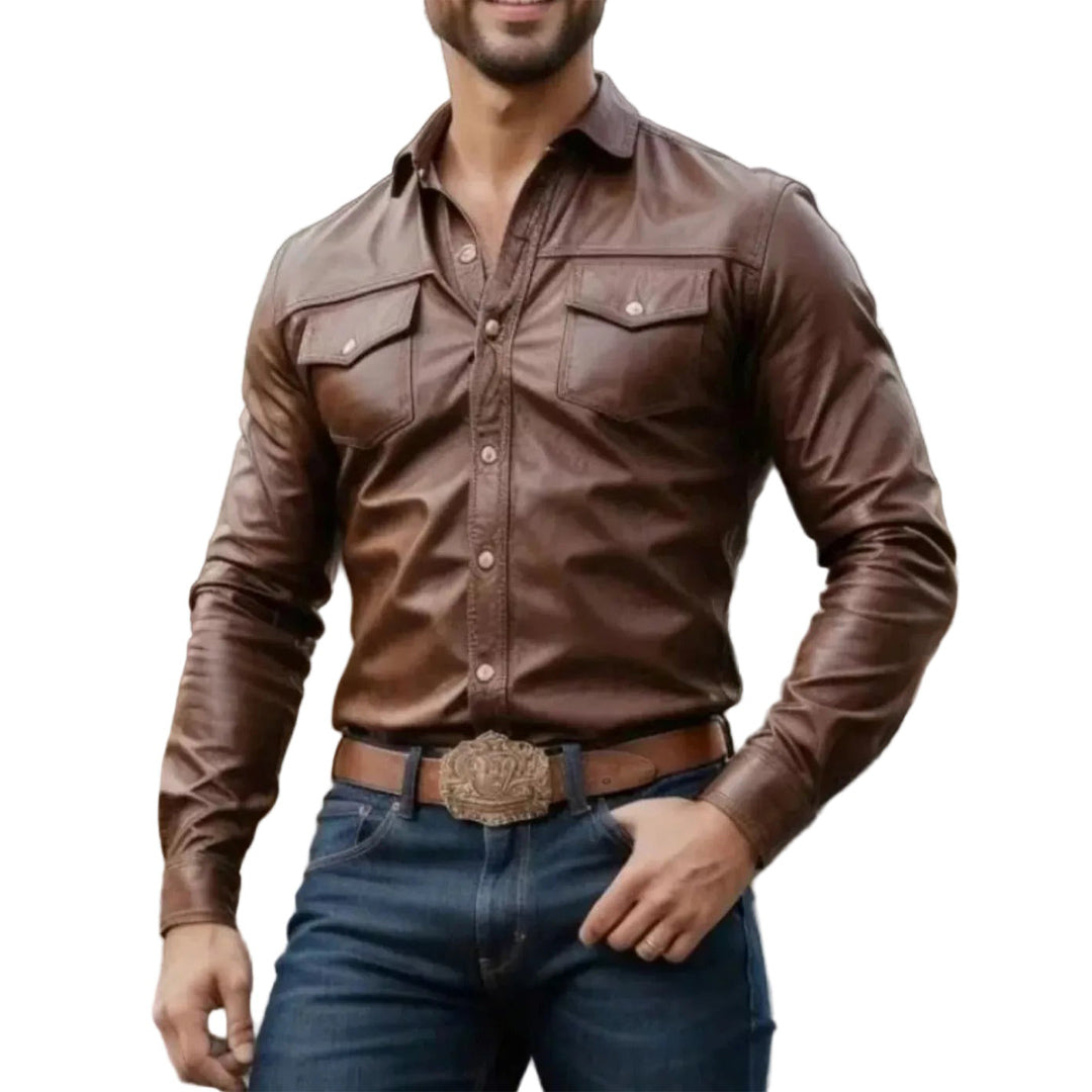 Men’s Brown Western Leather Shirt – Full Sleeve Lambskin with Chest Pockets