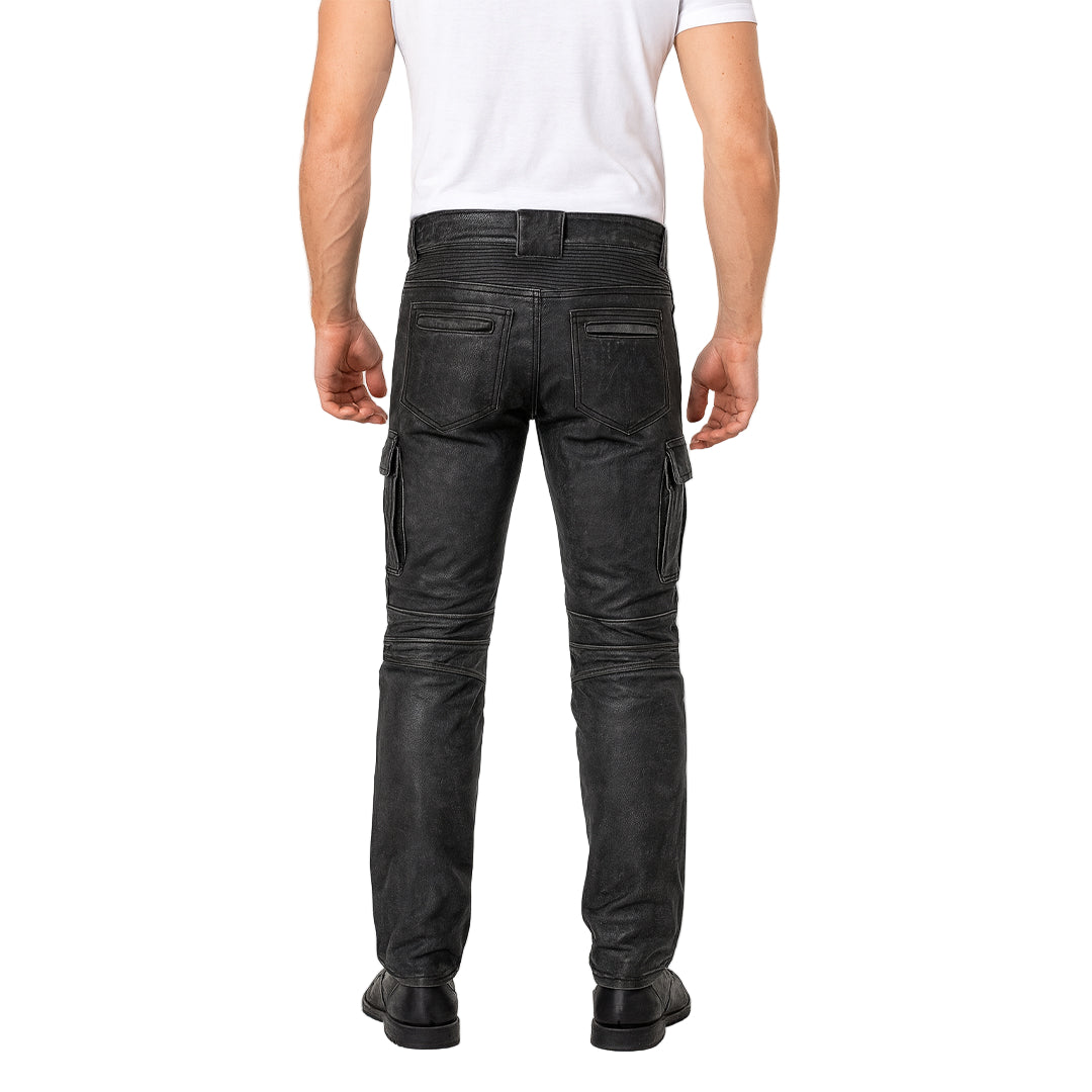 Men’s Distressed Leather Biker Cargo Pants with Pleated Panels