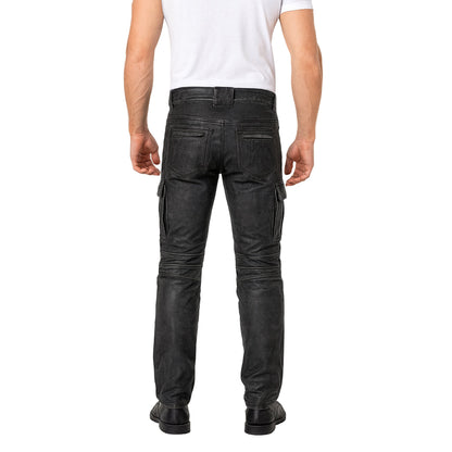 Men’s Distressed Leather Biker Cargo Pants with Pleated Panels