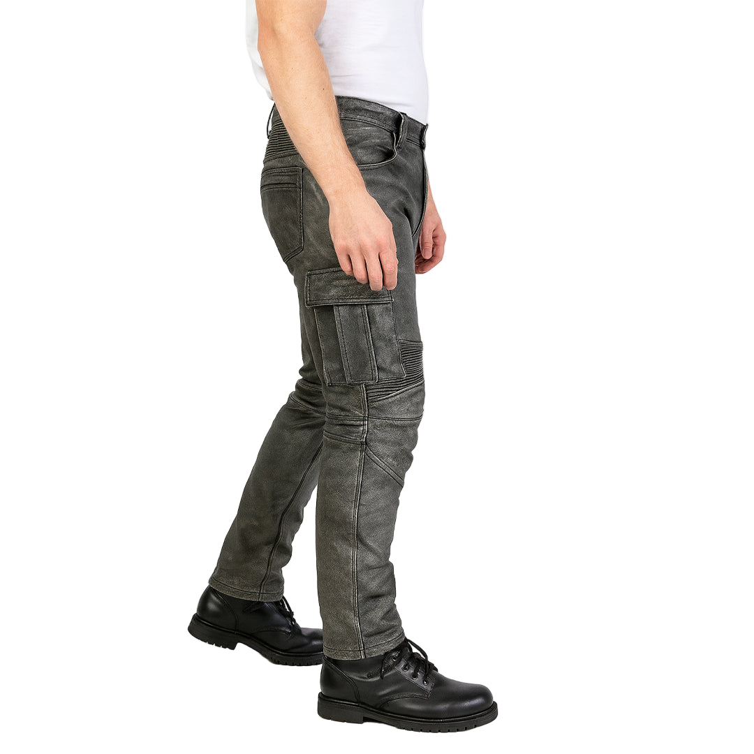 Men’s Distressed Leather Biker Cargo Pants with Pleated Panels