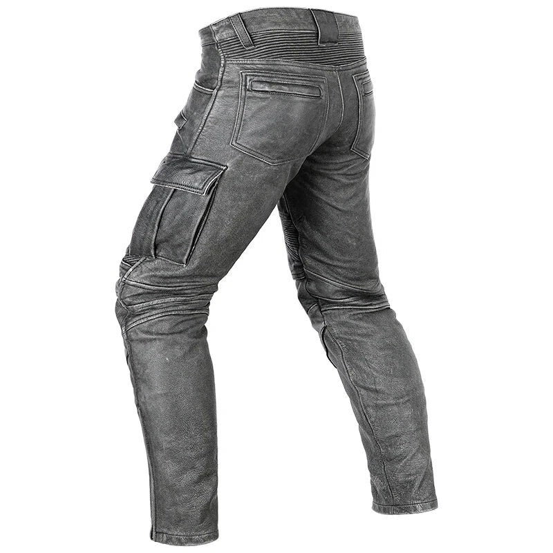 Men’s Distressed Leather Biker Cargo Pants with Pleated Panels