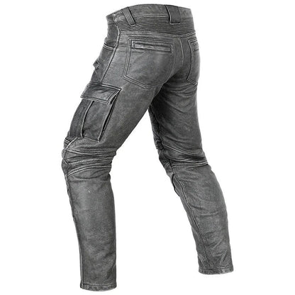 Men’s Distressed Leather Biker Cargo Pants with Pleated Panels
