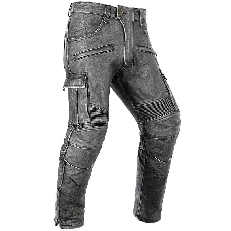 Men’s Distressed Leather Biker Cargo Pants with Pleated Panels
