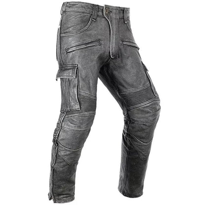 Men’s Distressed Leather Biker Cargo Pants with Pleated Panels