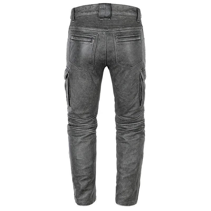 Men’s Distressed Leather Biker Cargo Pants with Pleated Panels