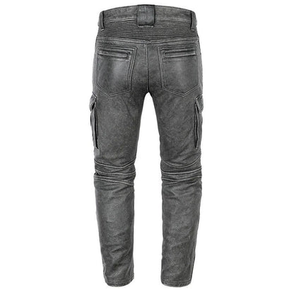 Men’s Distressed Leather Biker Cargo Pants with Pleated Panels