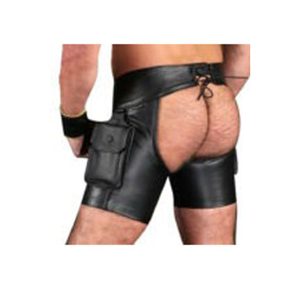 Men’s Leather Cargo Chaps Shorts with Jockstrap & Wristband