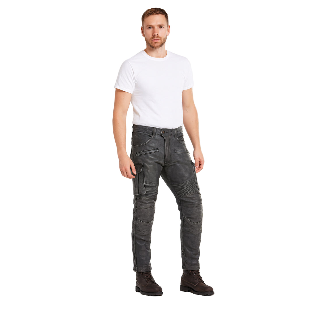 Men’s Distressed Leather Biker Cargo Pants with Pleated Panels