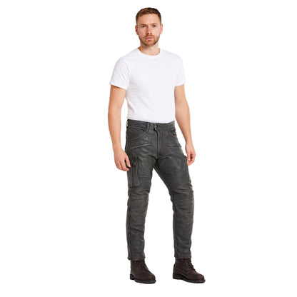 Men’s Distressed Leather Biker Cargo Pants with Pleated Panels