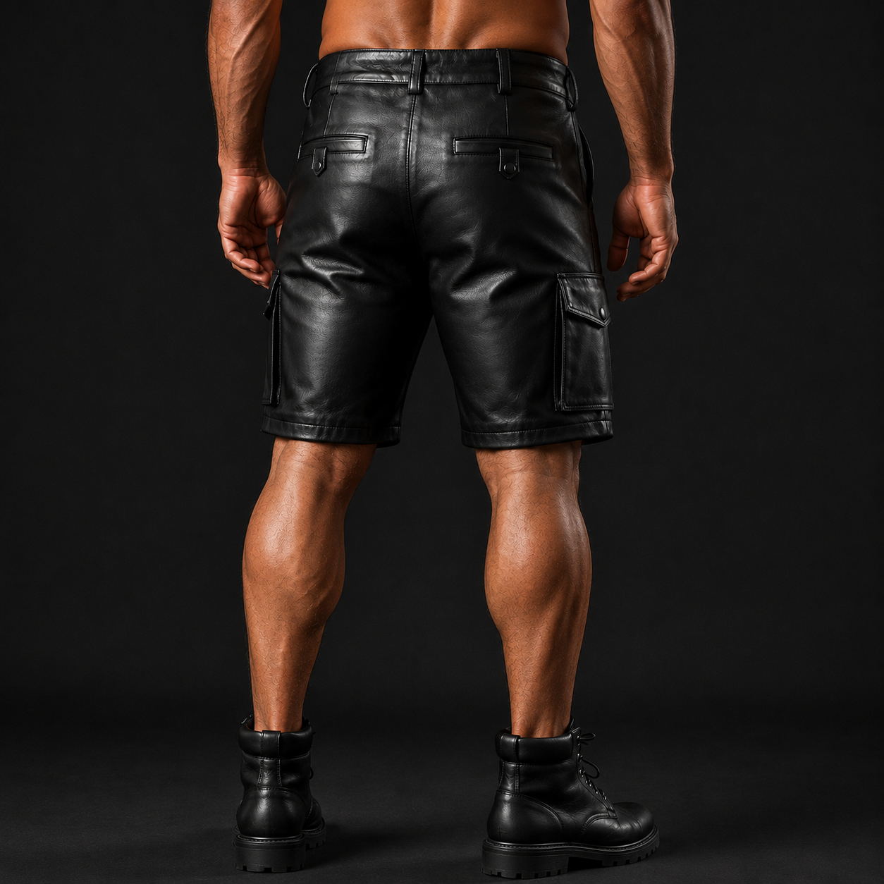 Back view of men's leather cargo shorts showing button back pockets and belt loops