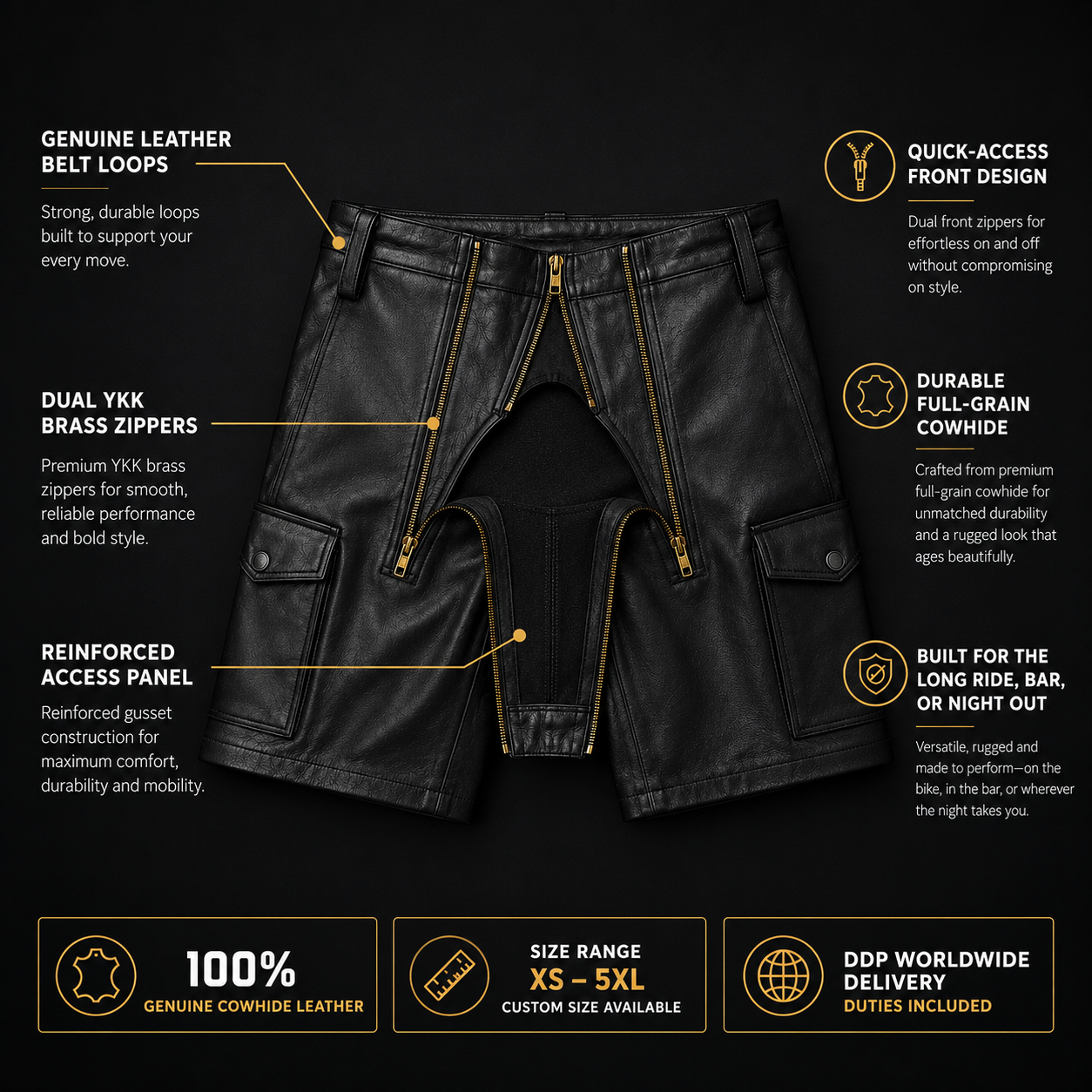 Black leather zip front shorts construction detail on dark background