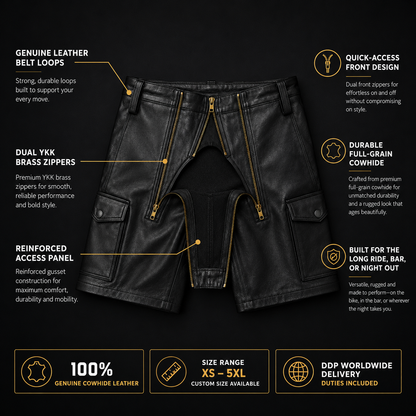 Black leather zip front shorts construction detail on dark background