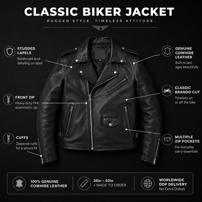 Men’s Genuine Cowhide Leather Biker Jacket – Classic Black Brando Style