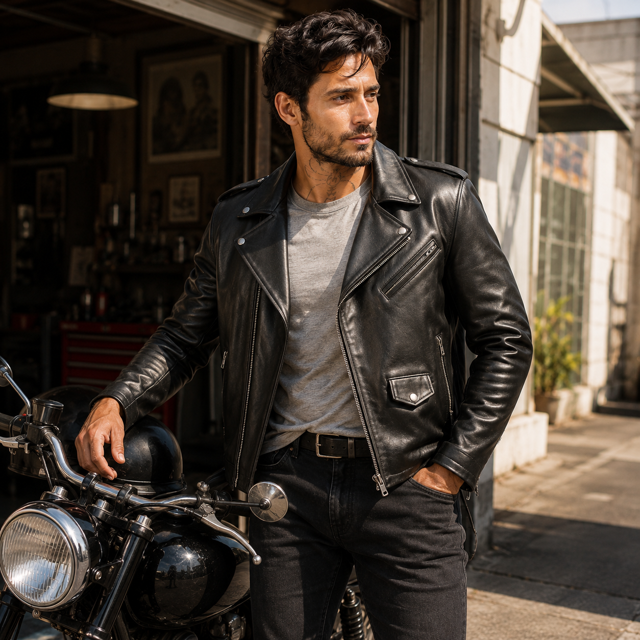 Men’s Genuine Cowhide Leather Biker Jacket – Classic Black Brando Style
