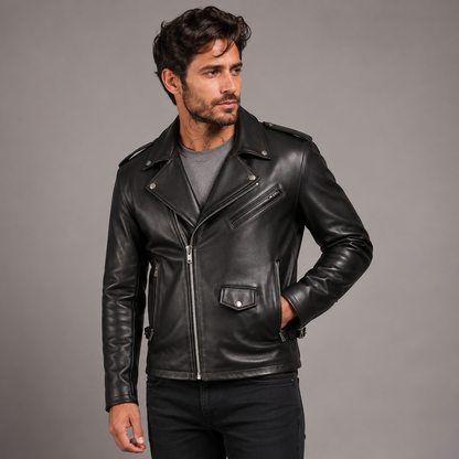 Men’s Genuine Cowhide Leather Biker Jacket – Classic Black Brando Style