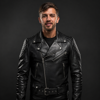 Chaqueta de motociclista de cuero vacuno de grano natural para hombre – Chaqueta acolchada estilo Brando para motocicleta