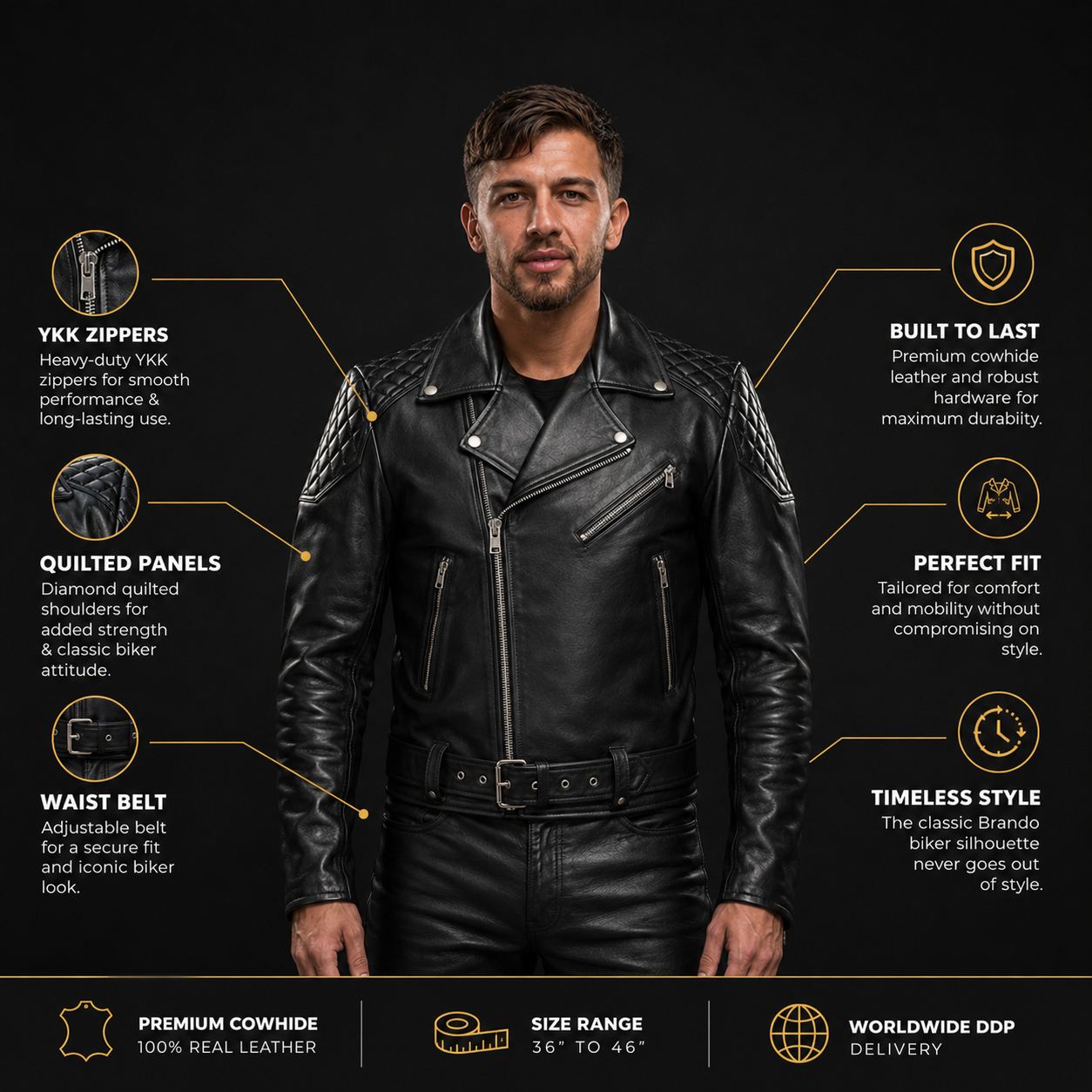 Chaqueta de motociclista de cuero vacuno de grano natural para hombre – Chaqueta acolchada estilo Brando para motocicleta