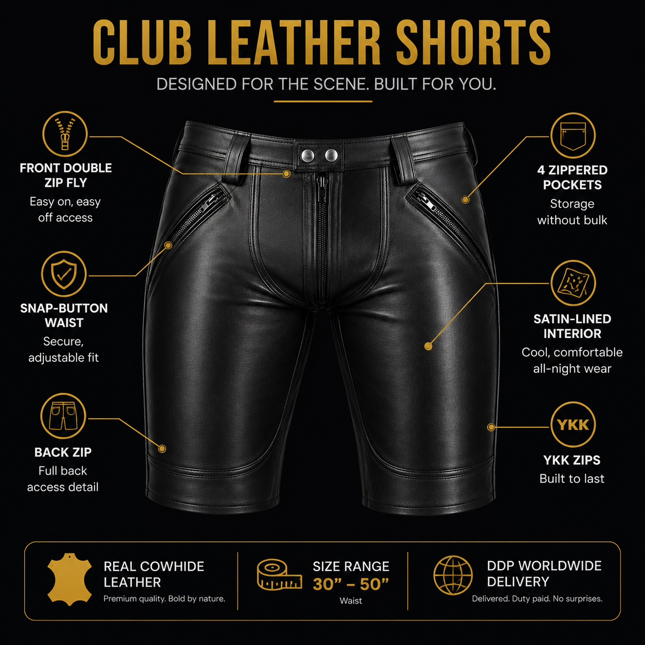 Men’s Black Cowhide Leather Club Shorts with Optional Back Zip