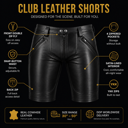 Men’s Black Cowhide Leather Club Shorts with Optional Back Zip
