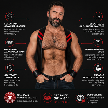 Men’s Cowhide Leather Bartender Vest with Contrast Panels