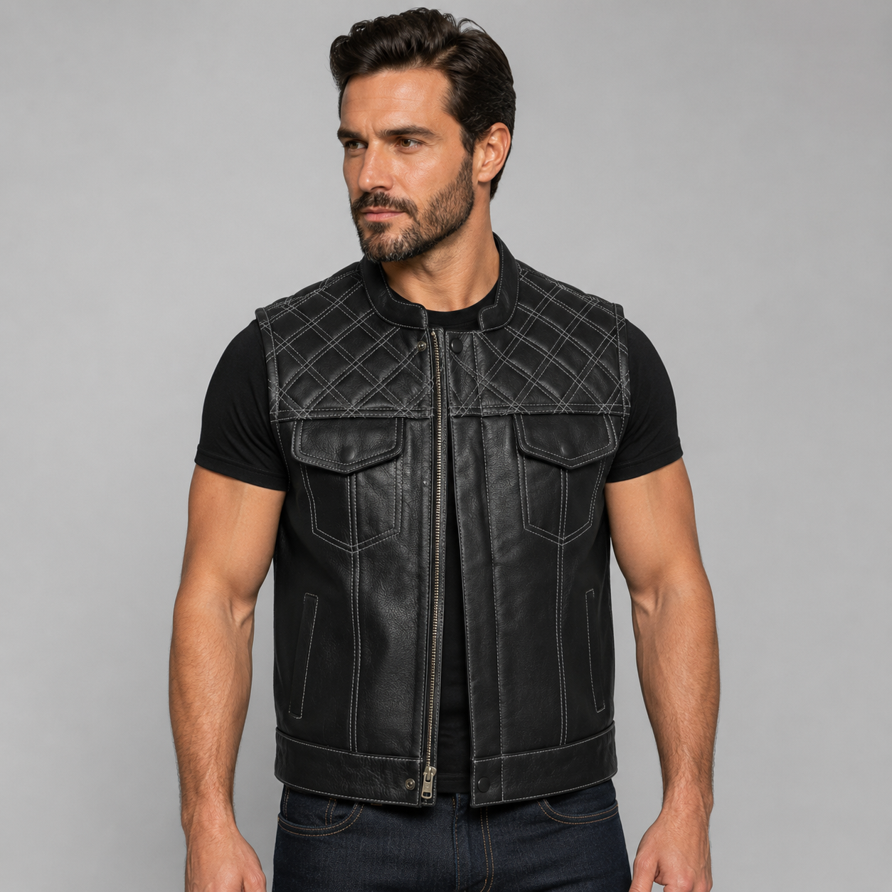 Front view of a men's all-black cowhide leather biker vest with quilted shoulder panels and zip closure