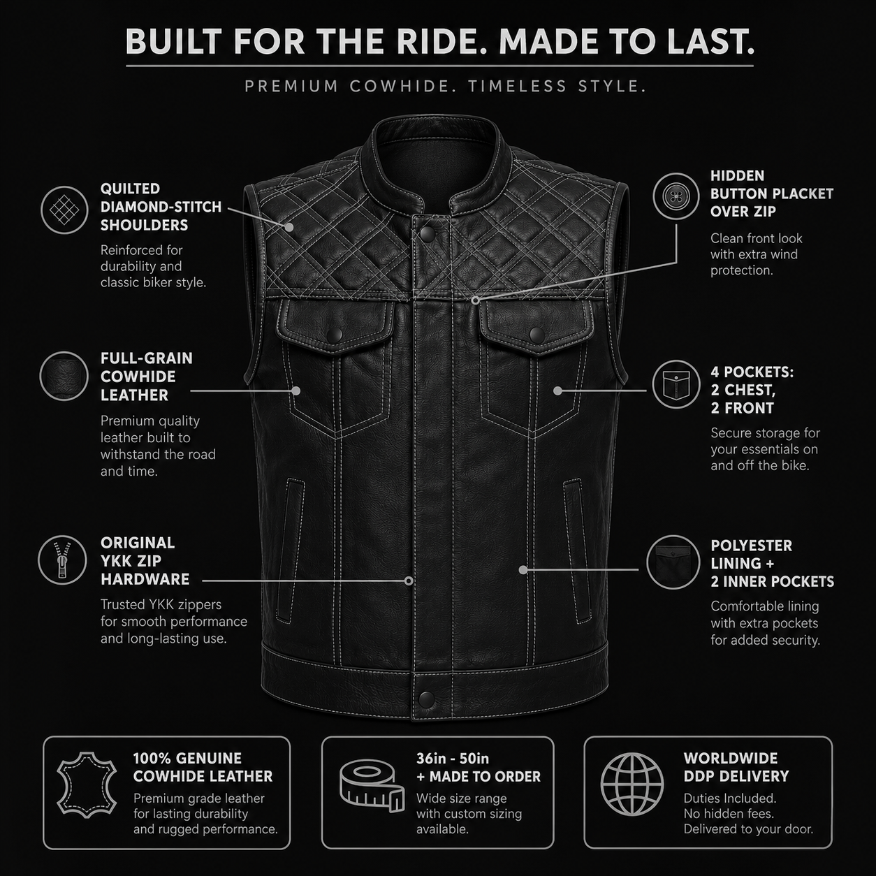 Black cowhide leather biker vest product shot on a dark background for feature callouts.