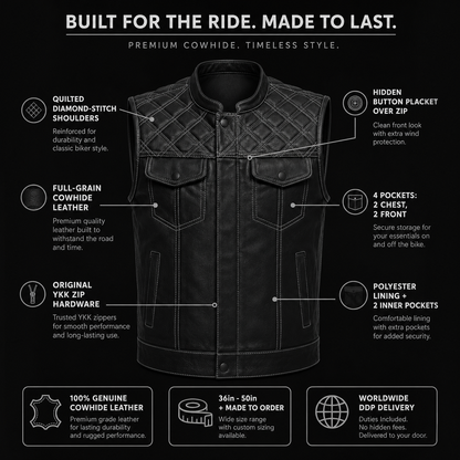 Black cowhide leather biker vest product shot on a dark background for feature callouts.