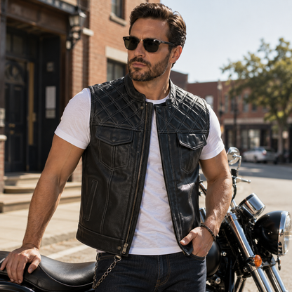 Man wearing a cowhide leather biker vest outdoors next to his motorcycle on a sunny street
