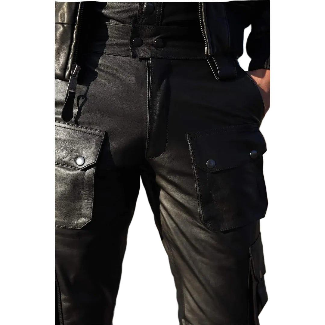 Men’s Cowhide Leather Cargo Biker Pants – Heavy-Duty Motorcycle Gear