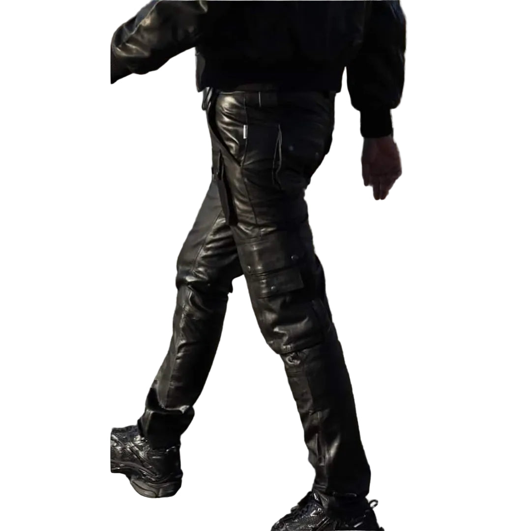 Men’s Cowhide Leather Cargo Biker Pants – Heavy-Duty Motorcycle Gear
