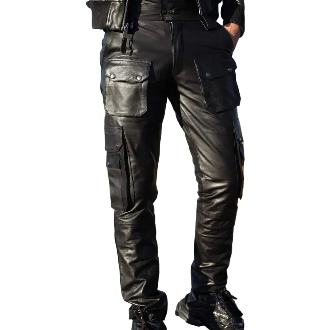Men’s Cowhide Leather Cargo Biker Pants – Heavy-Duty Motorcycle Gear