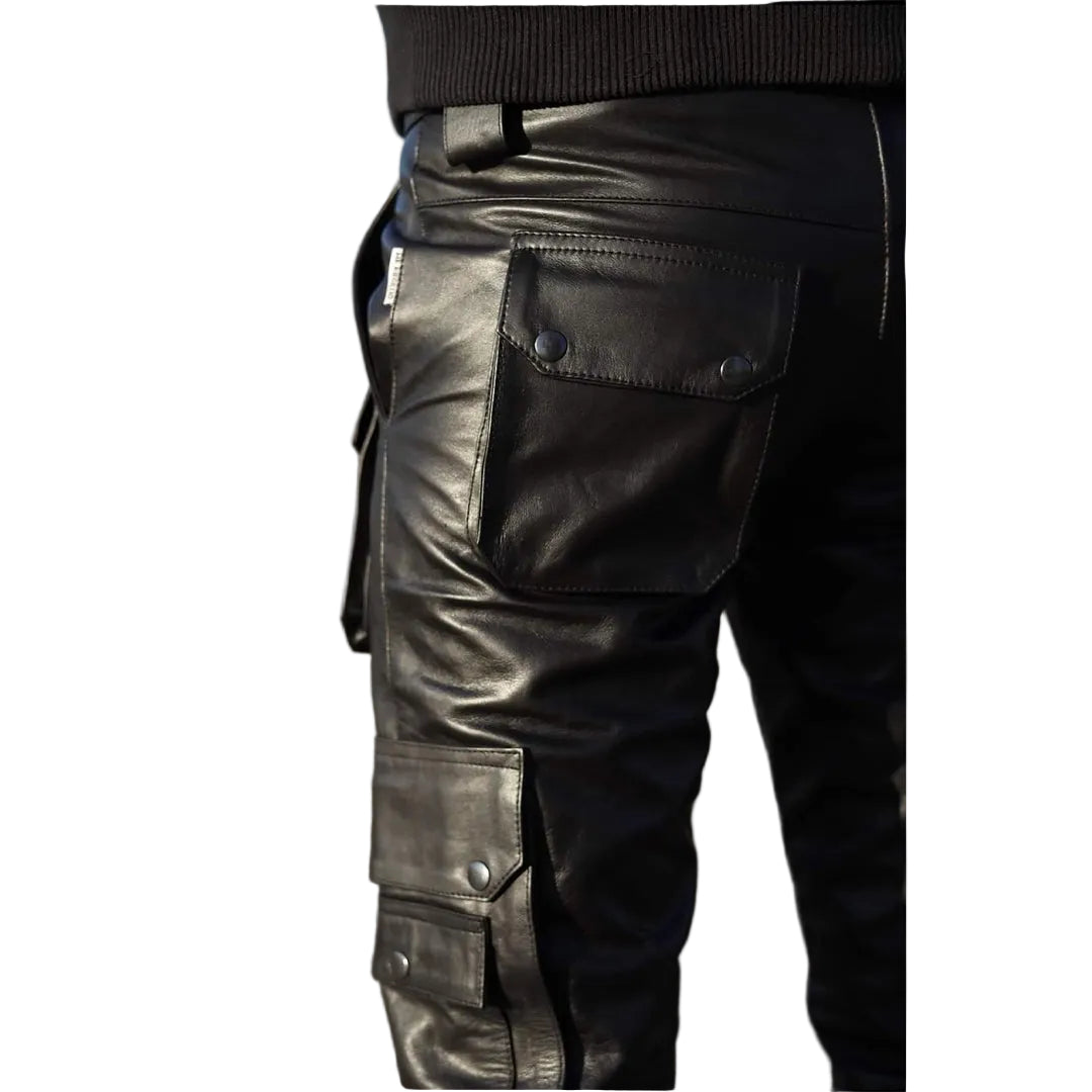 Men’s Cowhide Leather Cargo Biker Pants – Heavy-Duty Motorcycle Gear