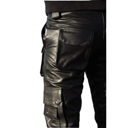 Men’s Cowhide Leather Cargo Biker Pants – Heavy-Duty Motorcycle Gear