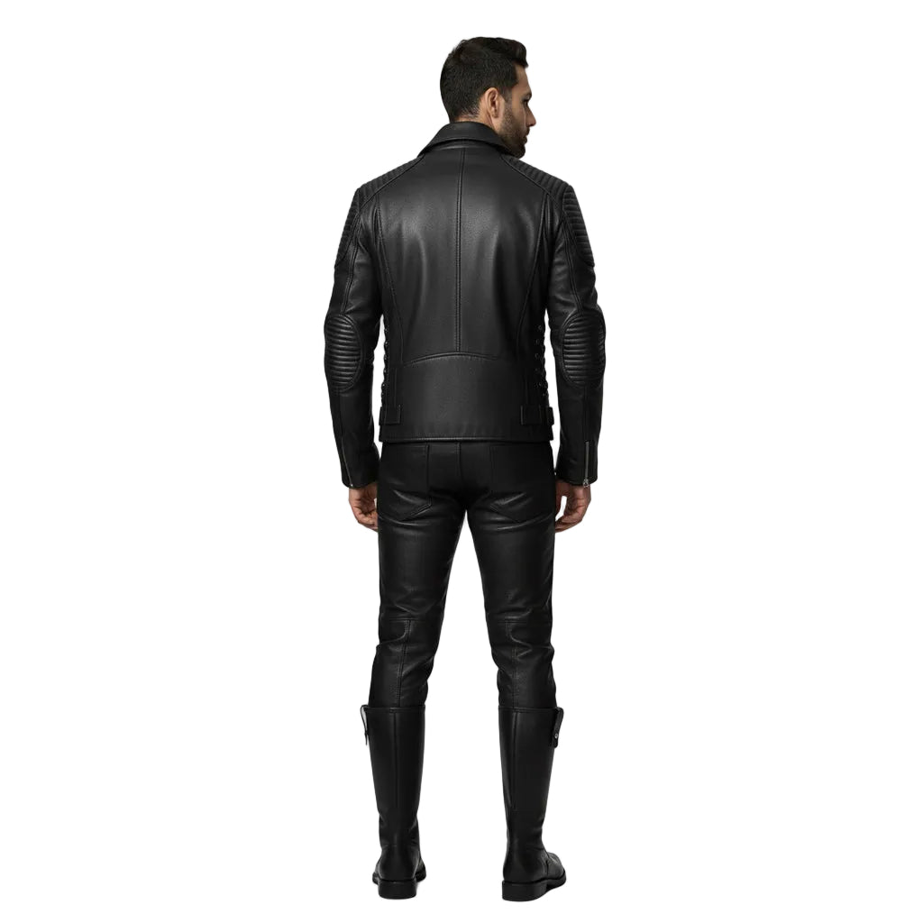 Men’s Cowhide Leather Biker Jacket with Quilted Panels