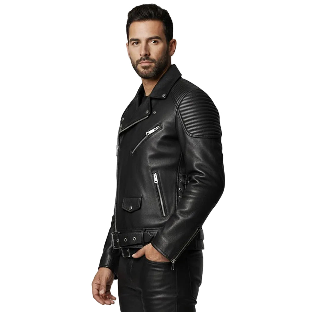 Men’s Cowhide Leather Biker Jacket with Quilted Panels