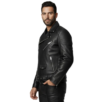 Men’s Cowhide Leather Biker Jacket with Quilted Panels