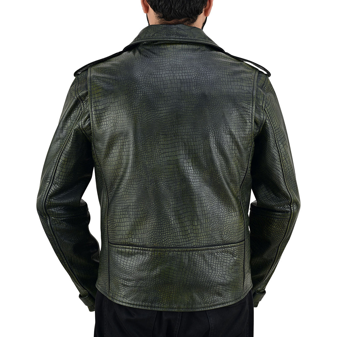 Men's Vintage Crocodile Print Cowhide Leather Biker Jacket