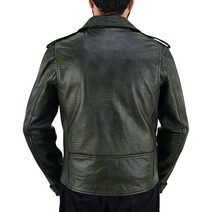 Men's Vintage Crocodile Print Cowhide Leather Biker Jacket