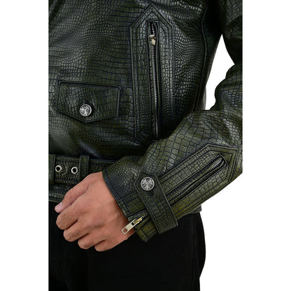 Men's Vintage Crocodile Print Cowhide Leather Biker Jacket