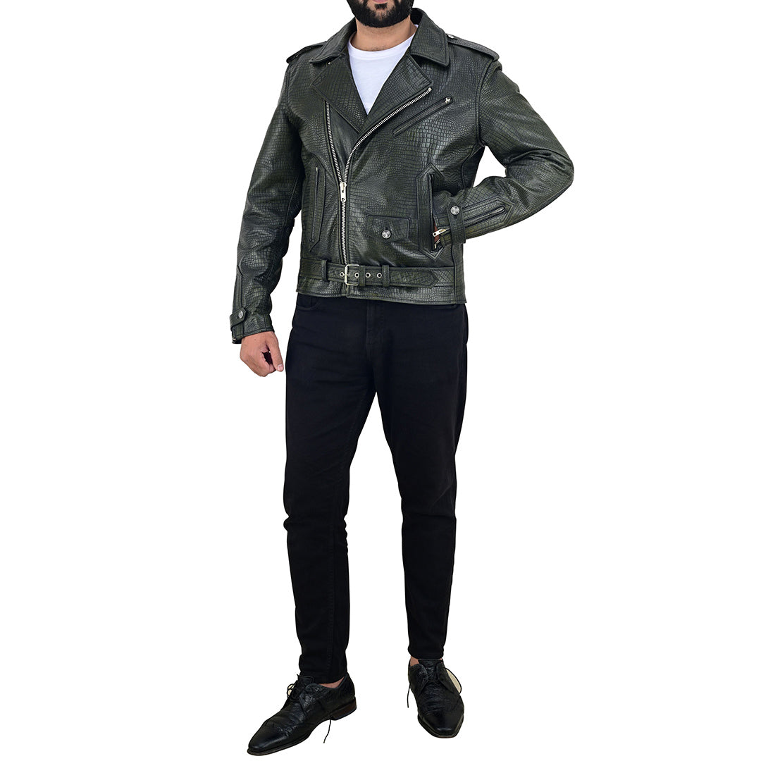 Men's Vintage Crocodile Print Cowhide Leather Biker Jacket