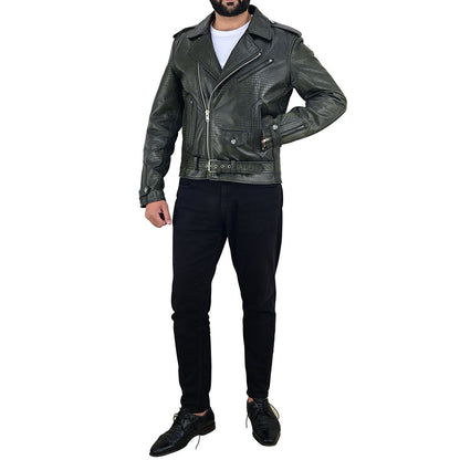 Men's Vintage Crocodile Print Cowhide Leather Biker Jacket