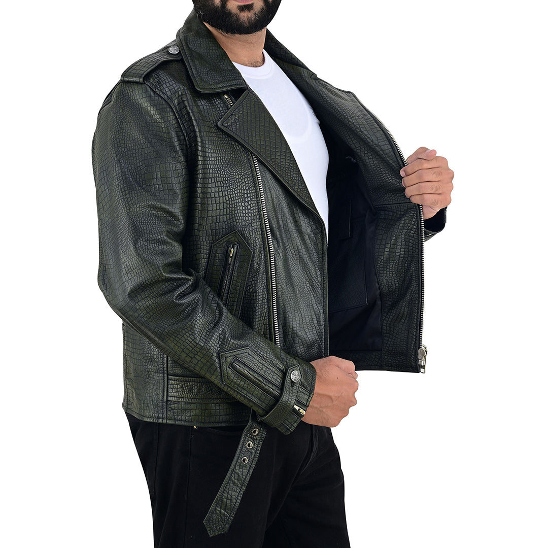 Men's Vintage Crocodile Print Cowhide Leather Biker Jacket
