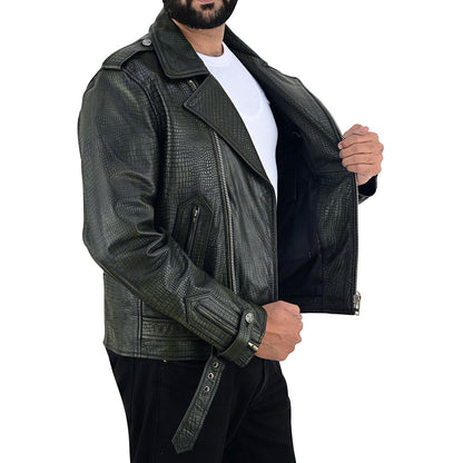Men's Vintage Crocodile Print Cowhide Leather Biker Jacket