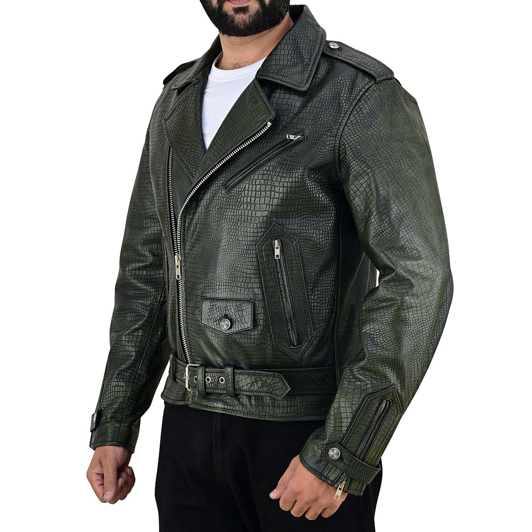 Men's Vintage Crocodile Print Cowhide Leather Biker Jacket