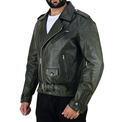 Men's Vintage Crocodile Print Cowhide Leather Biker Jacket