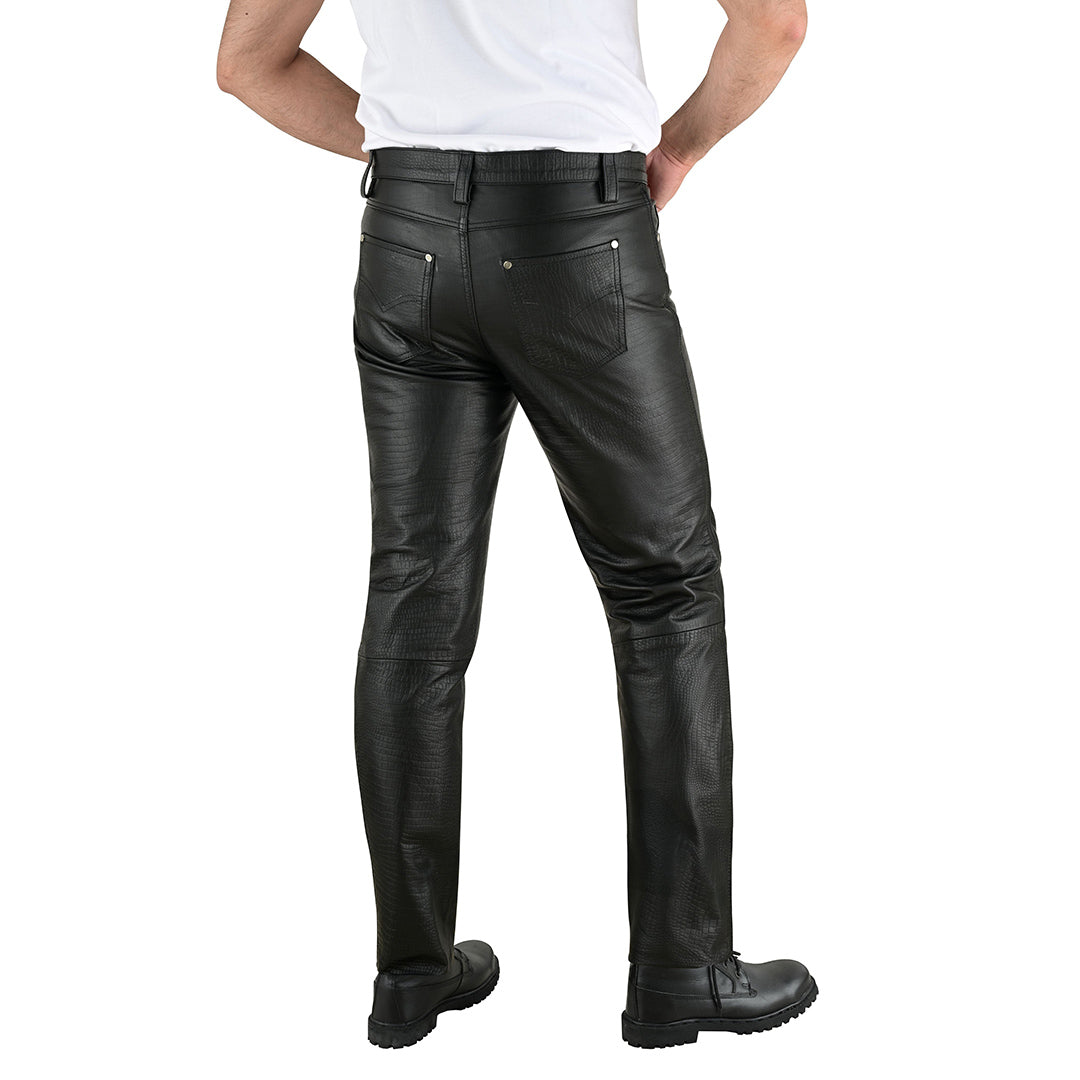 Men's Crocodile Print Cowhide Leather Biker Pants – 5 Pocket Style